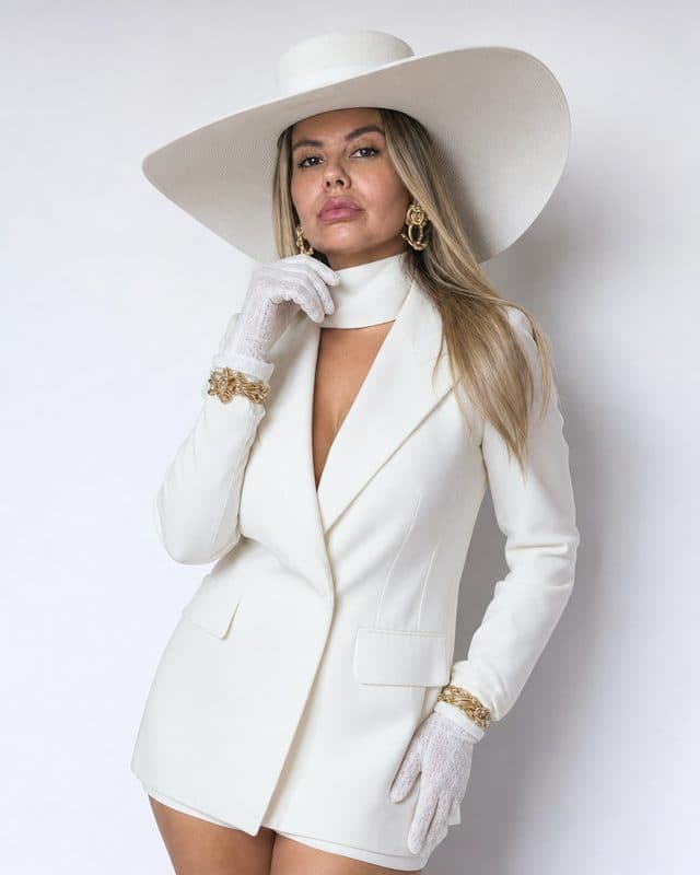 Resultado: a mesma pessoa vestindo o look branco, em ensaio de estúdio